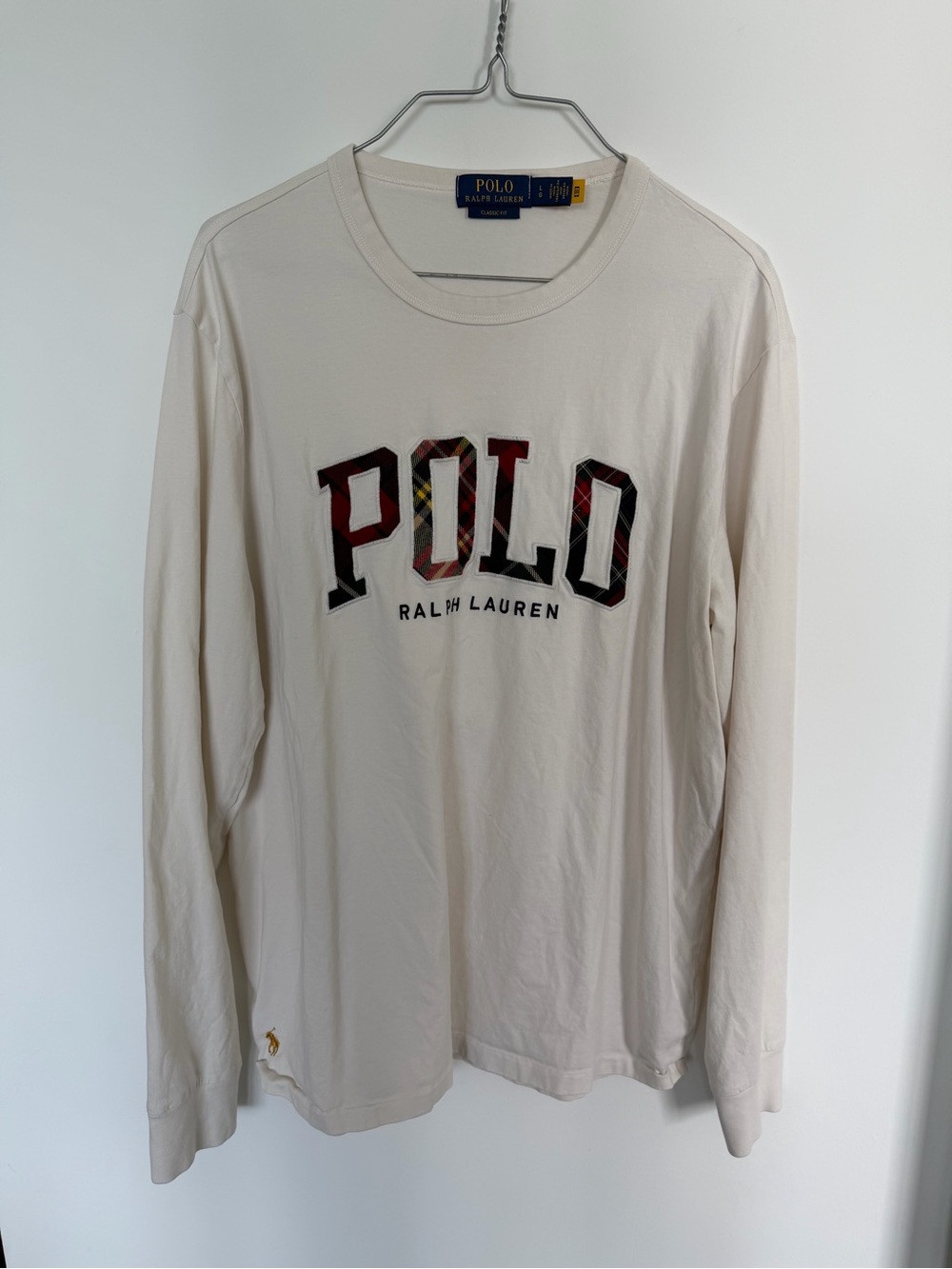 Ralph Lauren Cream Long Sleeve Polo Logo Tee with Tartan Accents